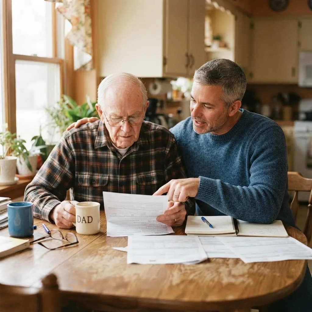 A caregiver and his father reviewing qualification paperwork together at the kitchen table